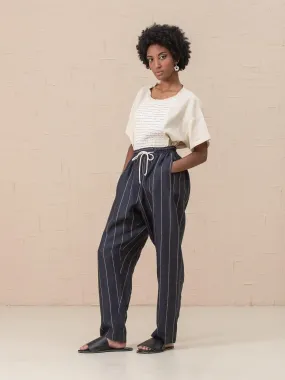 Linna Straight Pull-On Striped Linen Pants