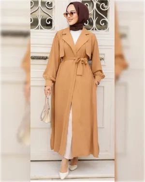 Long Belted Aerobin Cardigan in Beige Shade  كارديجان طويل بحزام و بياقة مميزة من قماش الأيروبين بلون البيج الجميل