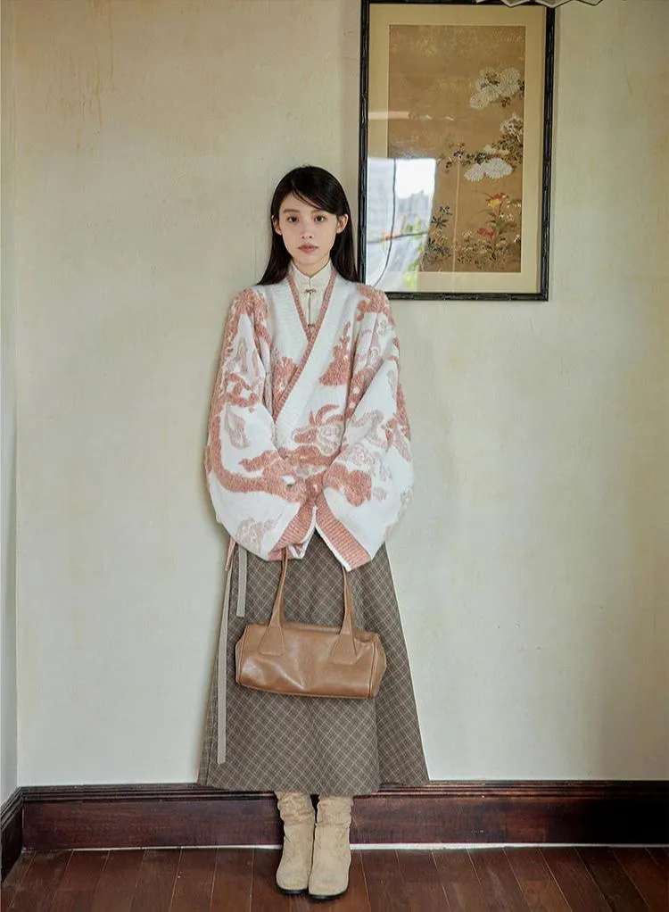 Lu Lu Lu 陆陆陆 New Chinese Style Cross Collar Knit Cardigan & Wrap Skirt Set