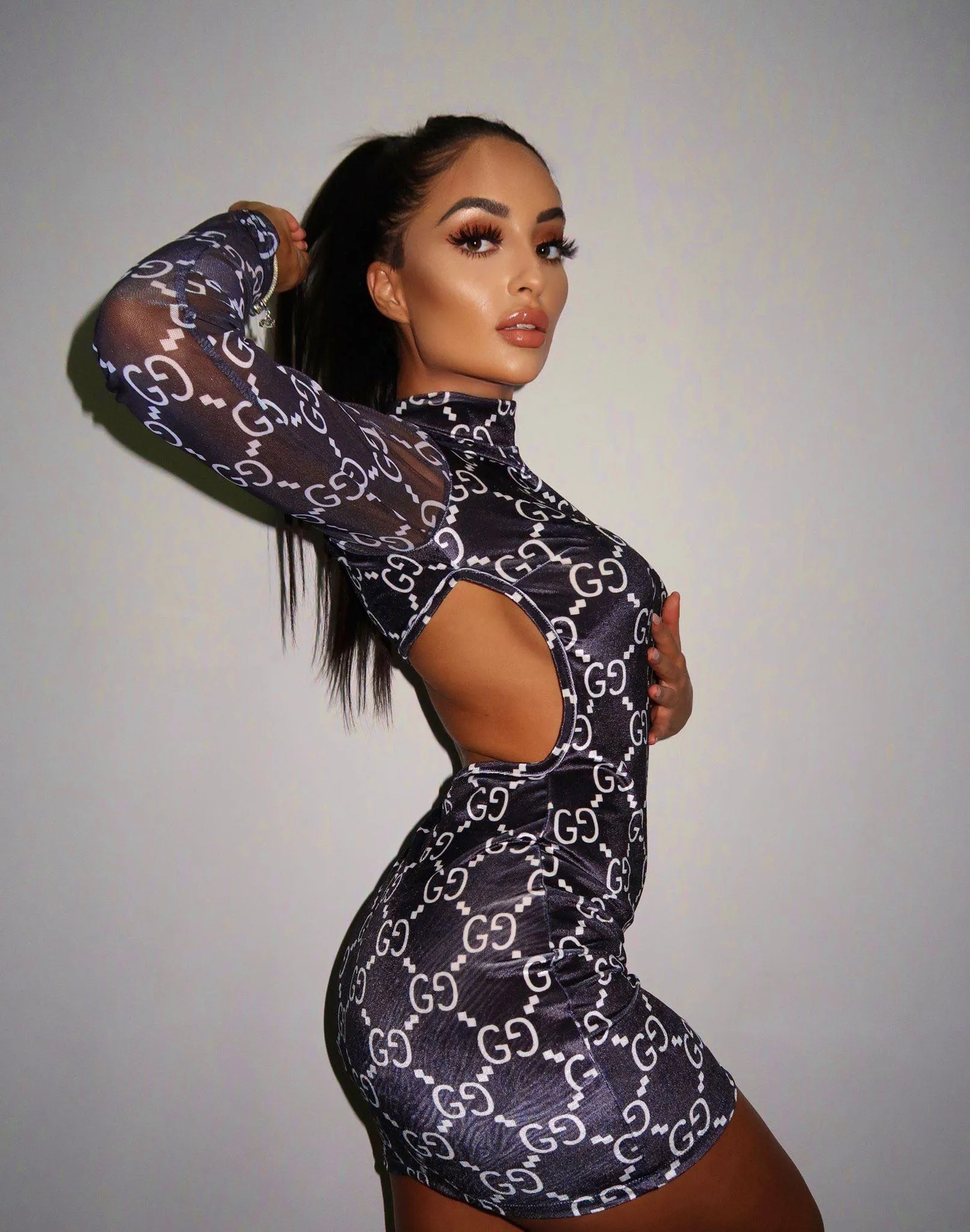 Lush Affair Black Crush Velvet Printed Mock Neck Long Sleeve Backless Bodycon Dress