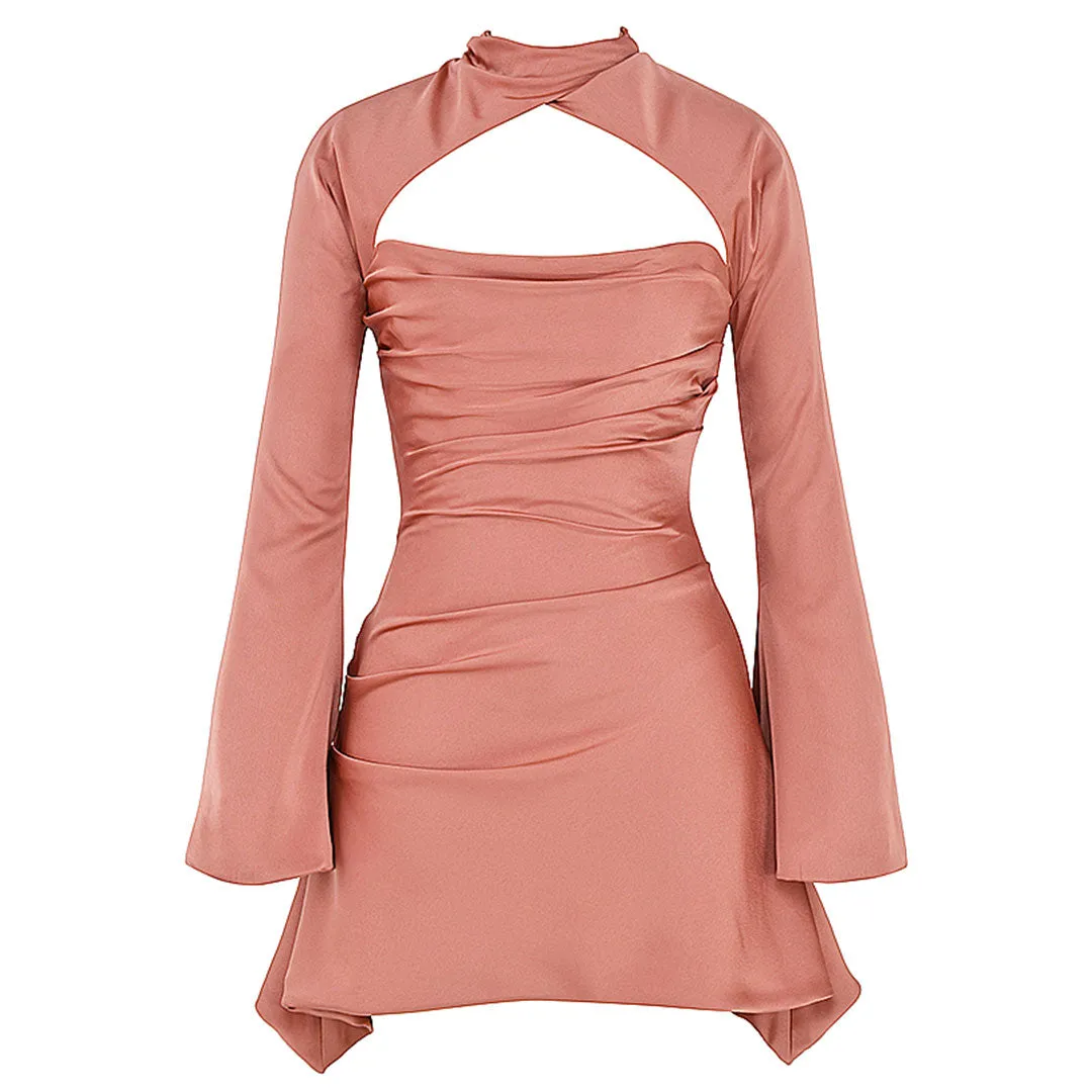 Luxury High Neck Cut Out Long Sleeve Draped Satin Mini Dress - Pink