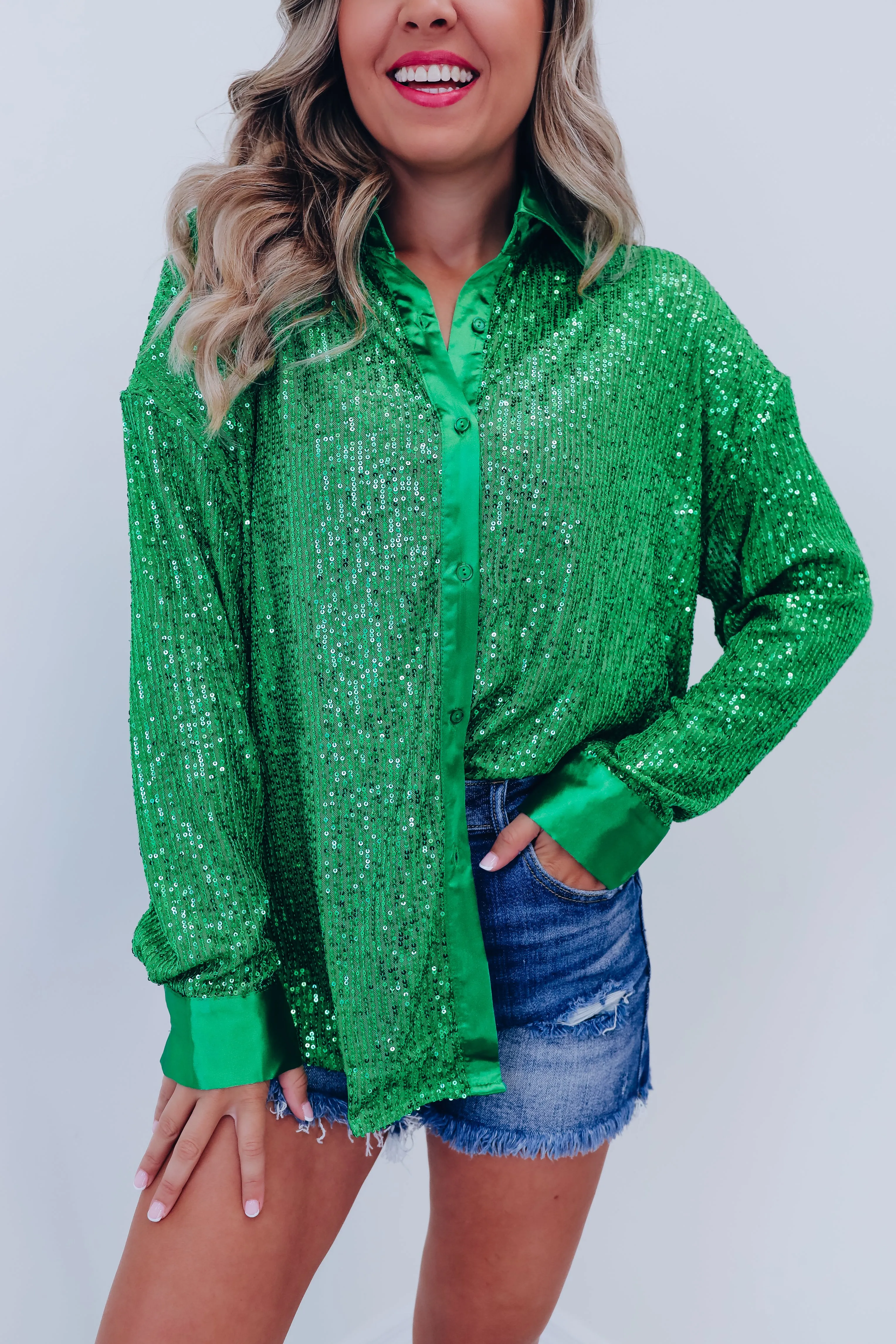 Maren Sparkling Button Up Top - Green