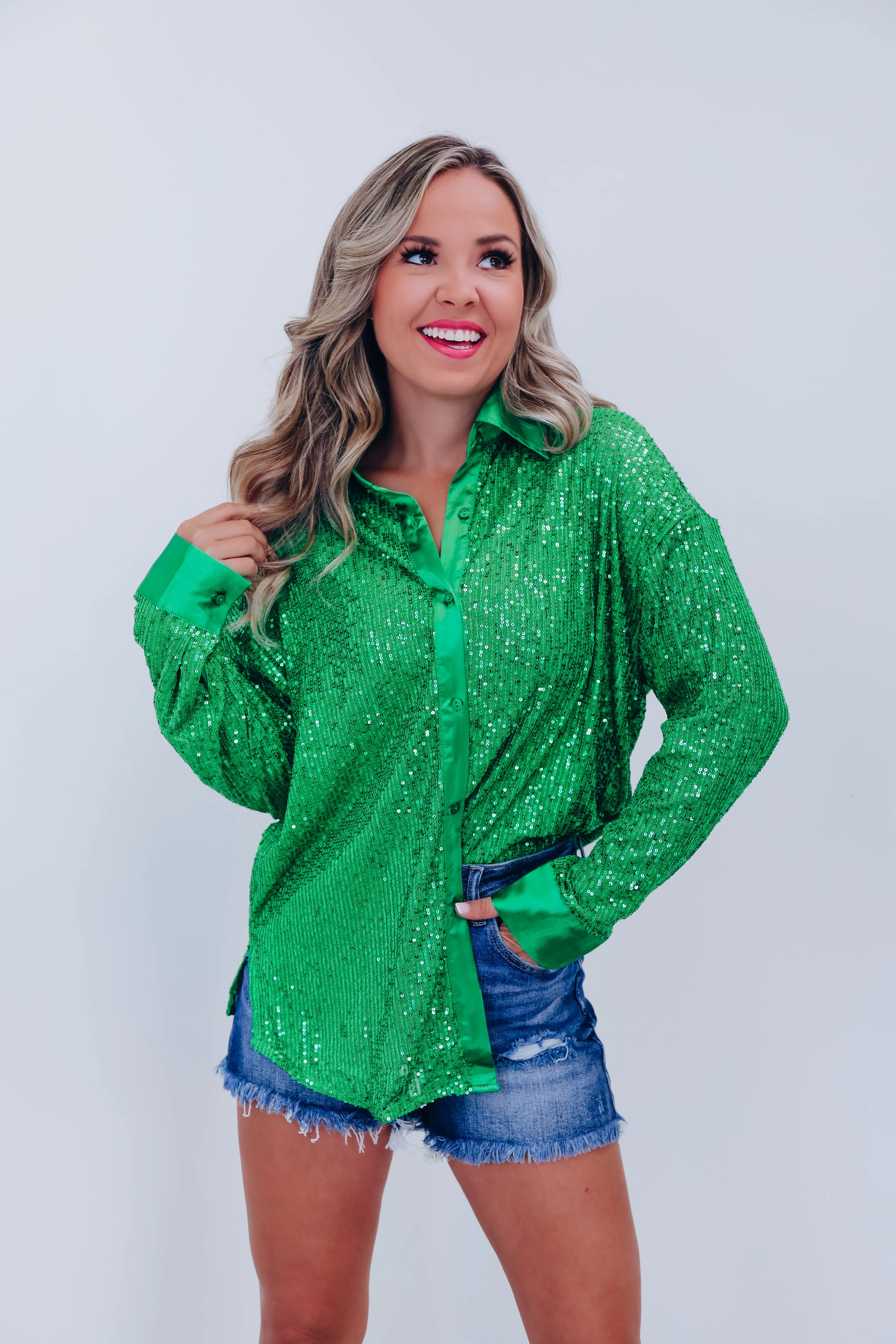 Maren Sparkling Button Up Top - Green