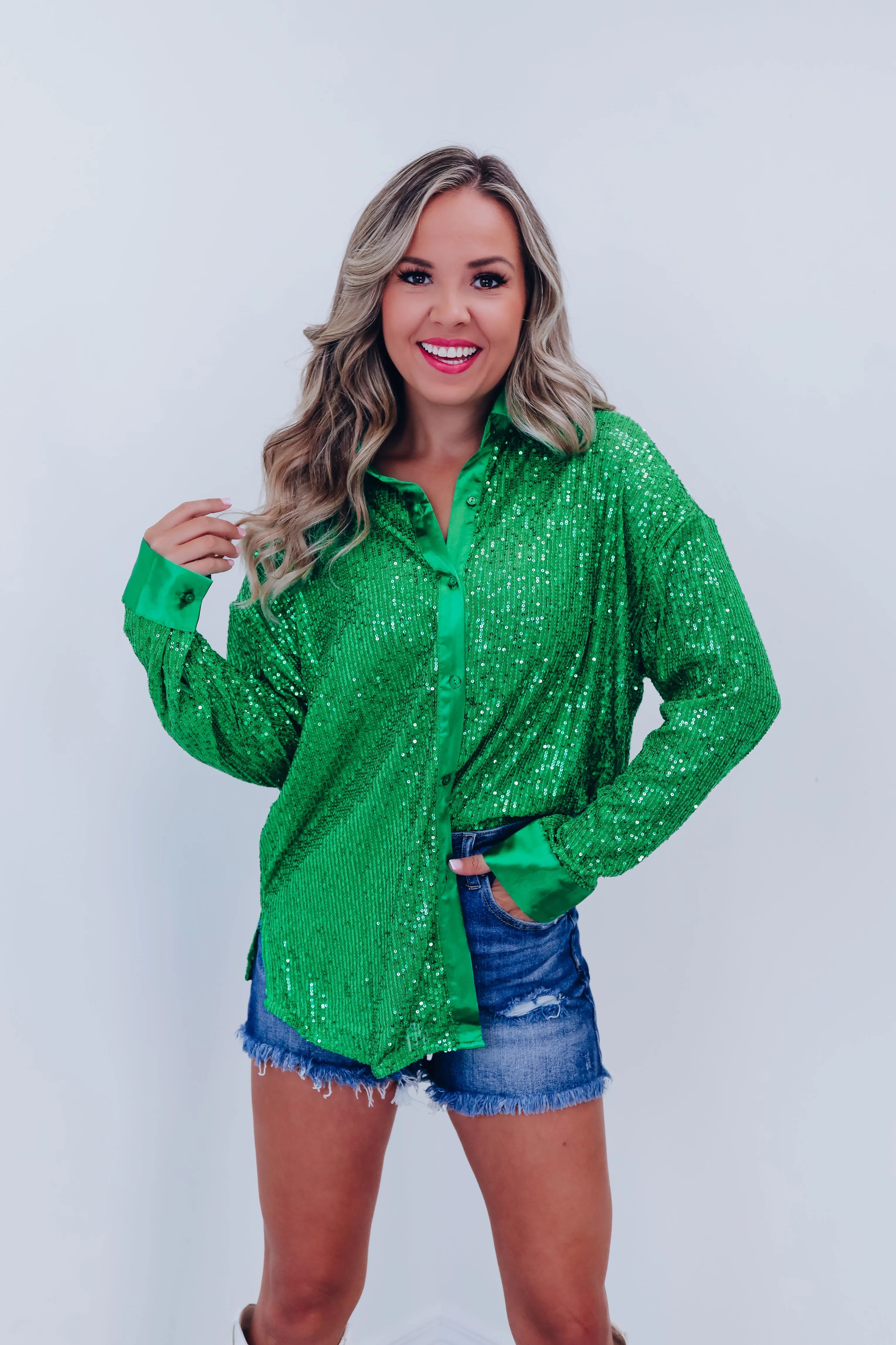 Maren Sparkling Button Up Top - Green