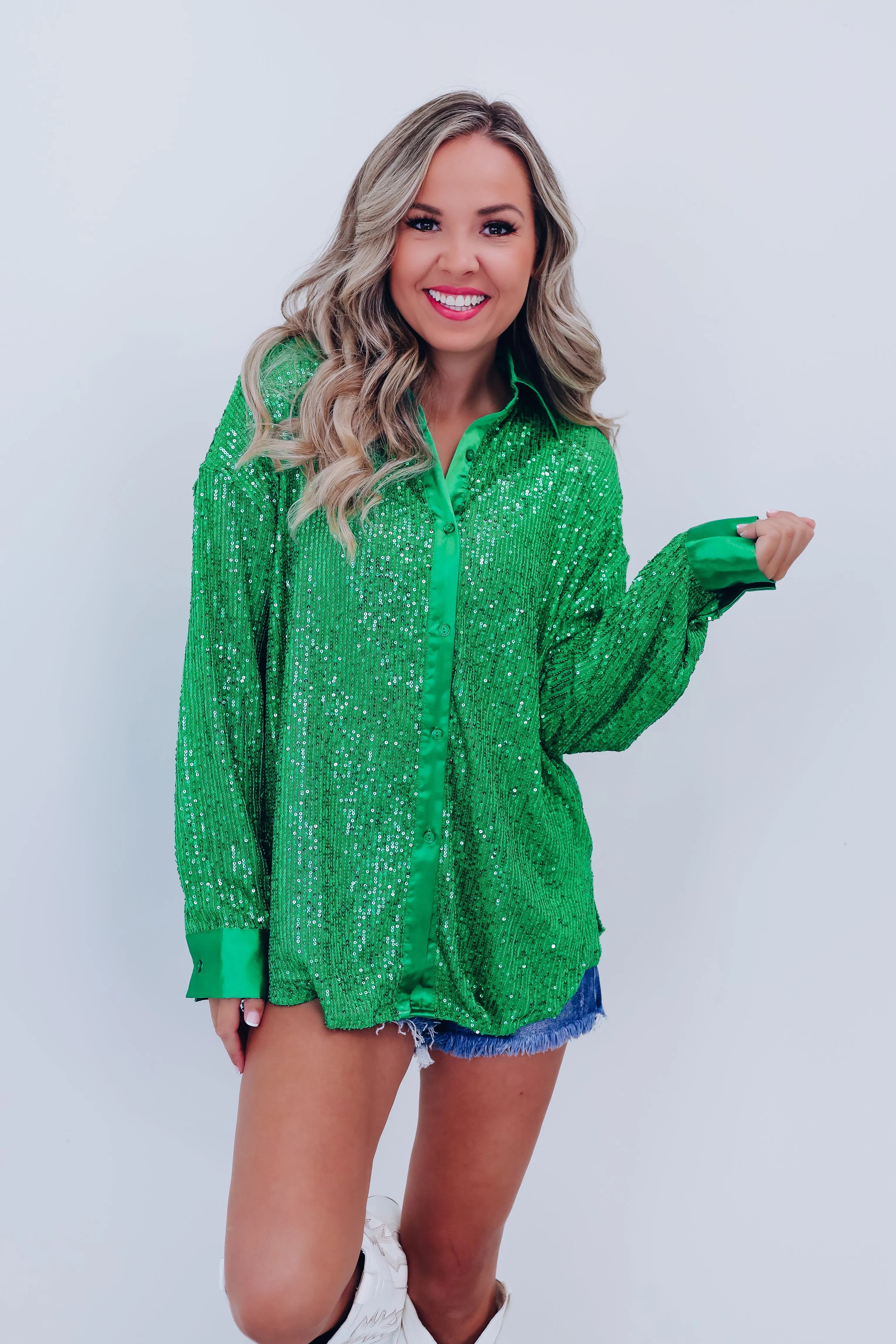 Maren Sparkling Button Up Top - Green