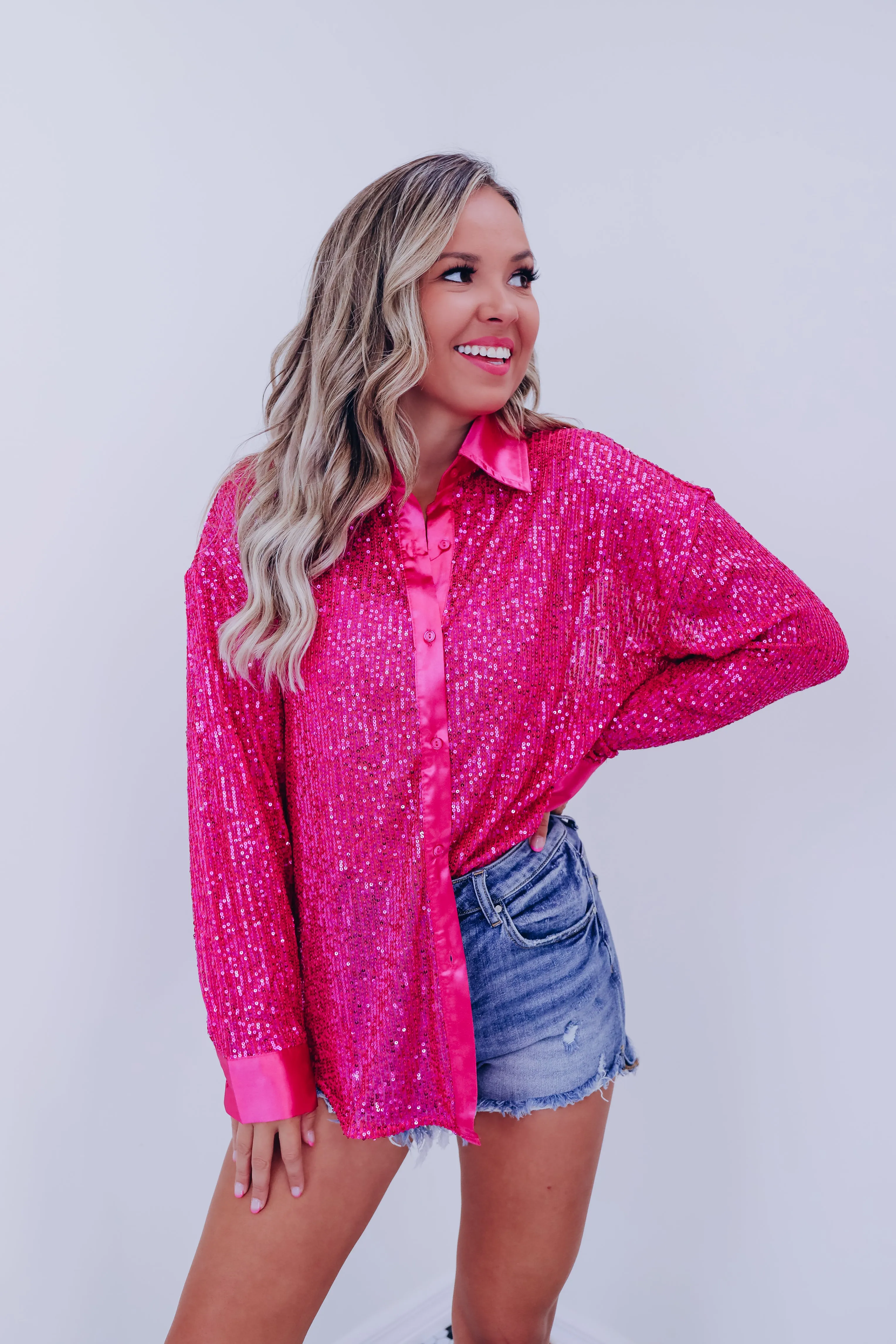 Maren Sparkling Button Up Top - Pink