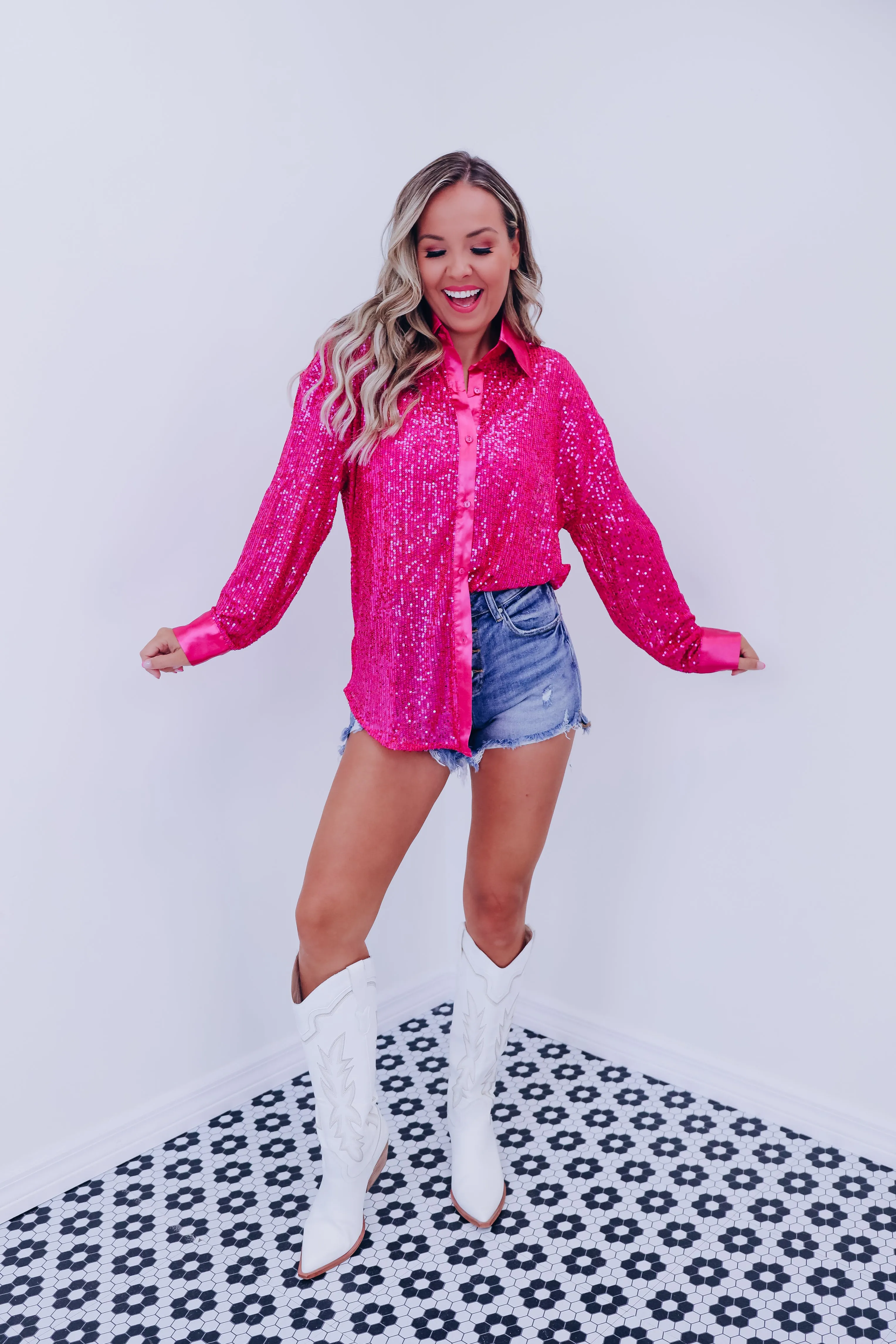 Maren Sparkling Button Up Top - Pink