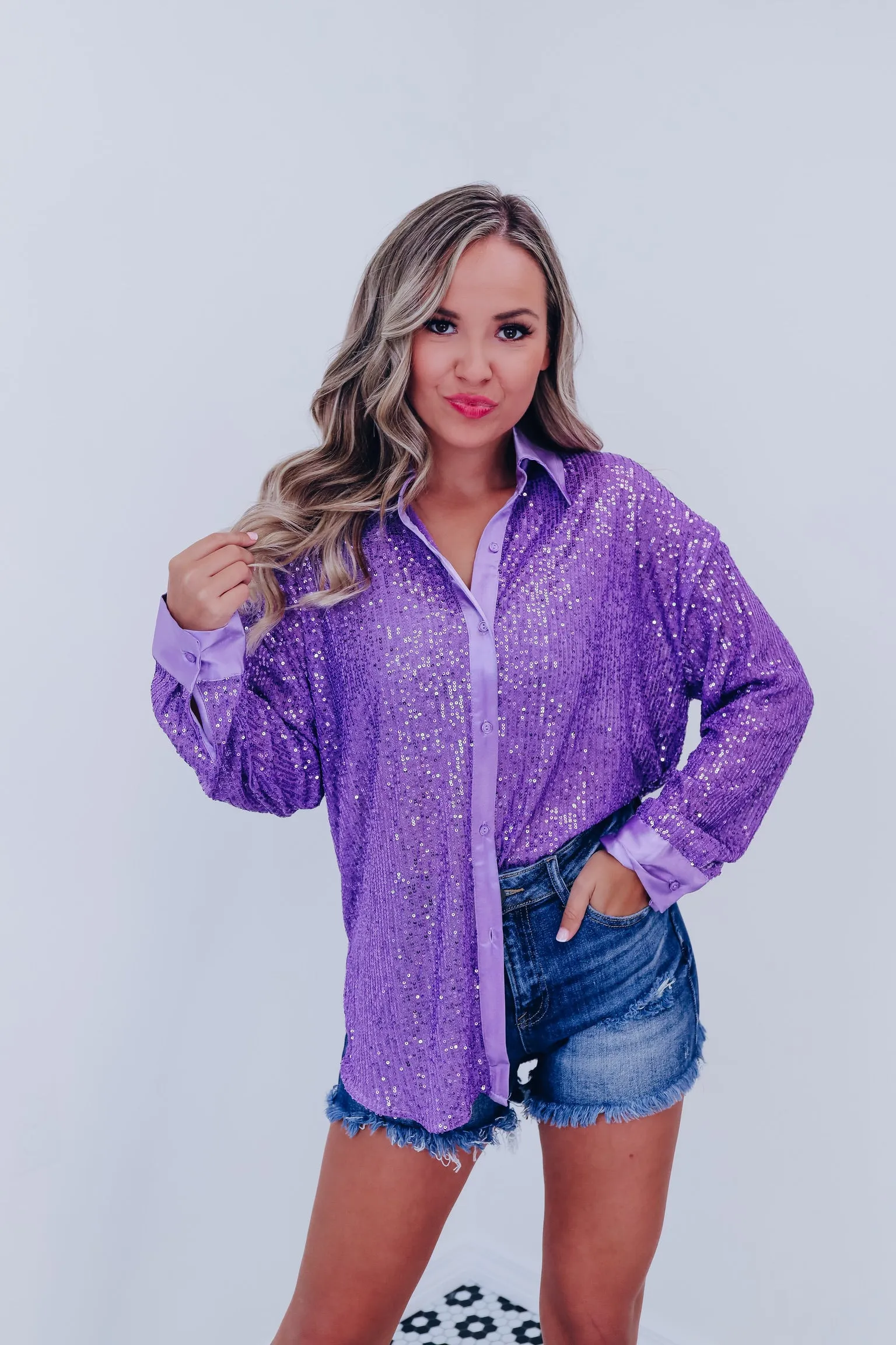 Maren Sparkling Button Up Top - Purple