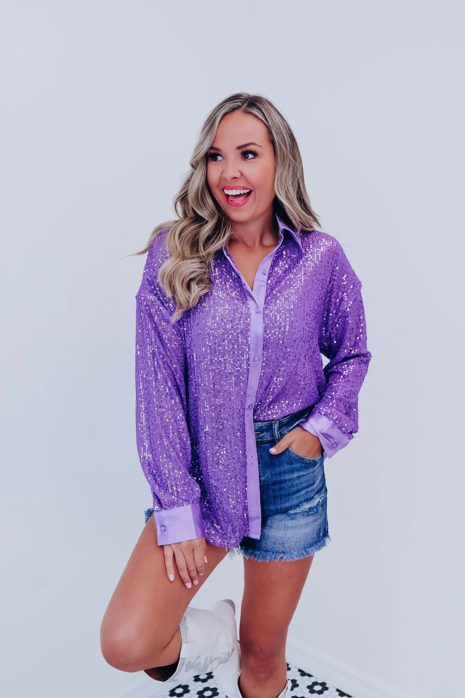 Maren Sparkling Button Up Top - Purple