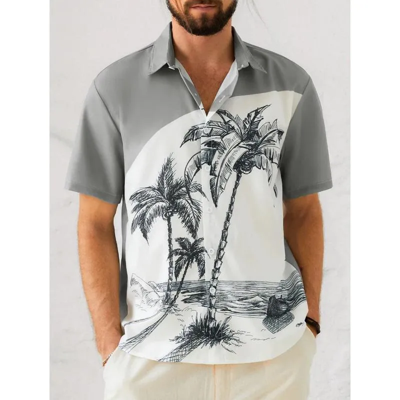 Men's Coconut Printed Lapel Collar Loose Short Sleeve Shirt 49679675L