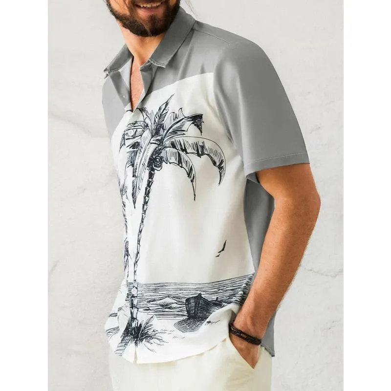 Men's Coconut Printed Lapel Collar Loose Short Sleeve Shirt 49679675L