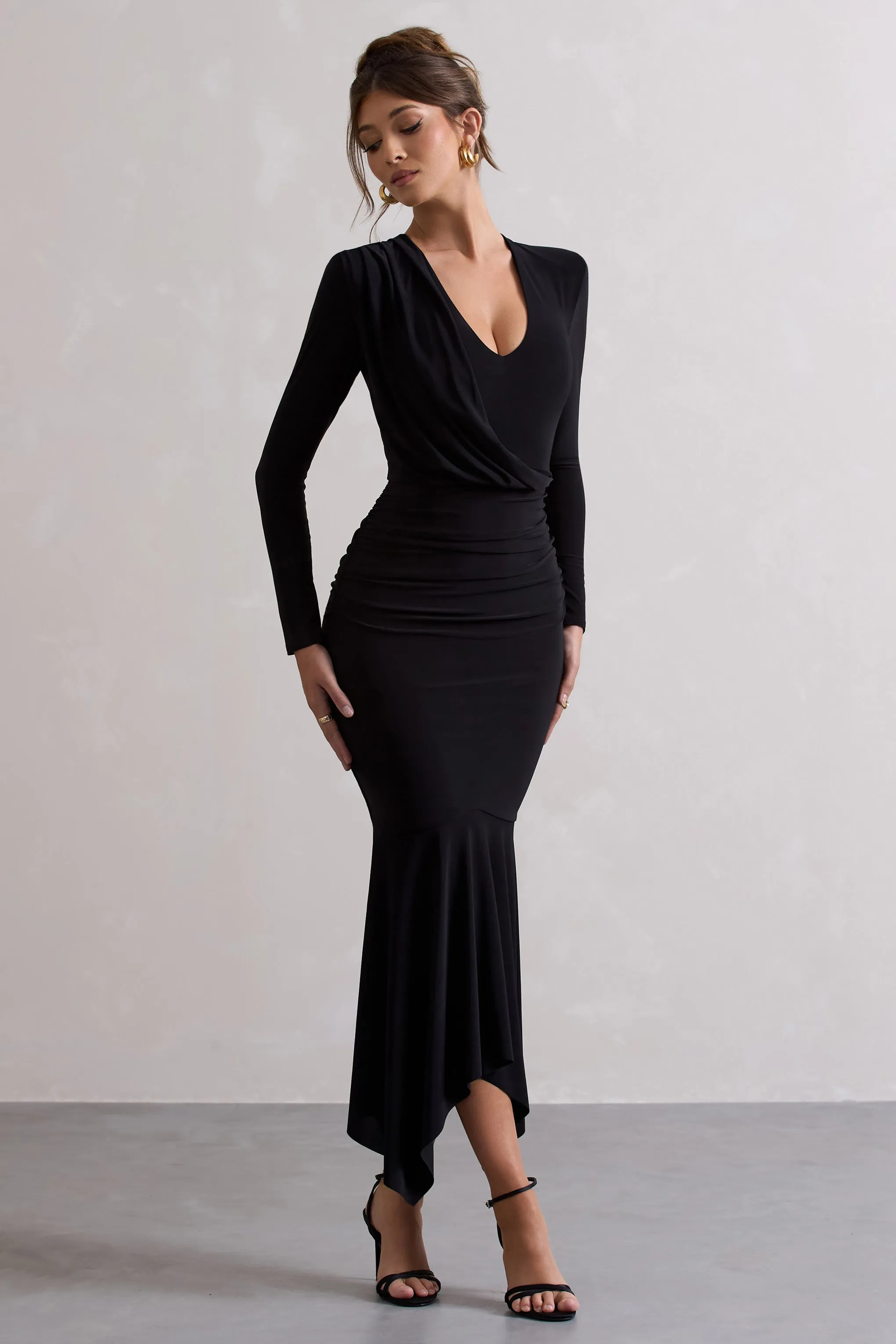 Milena | Black Plunge-Neck Maxi Dress With Draped Hem