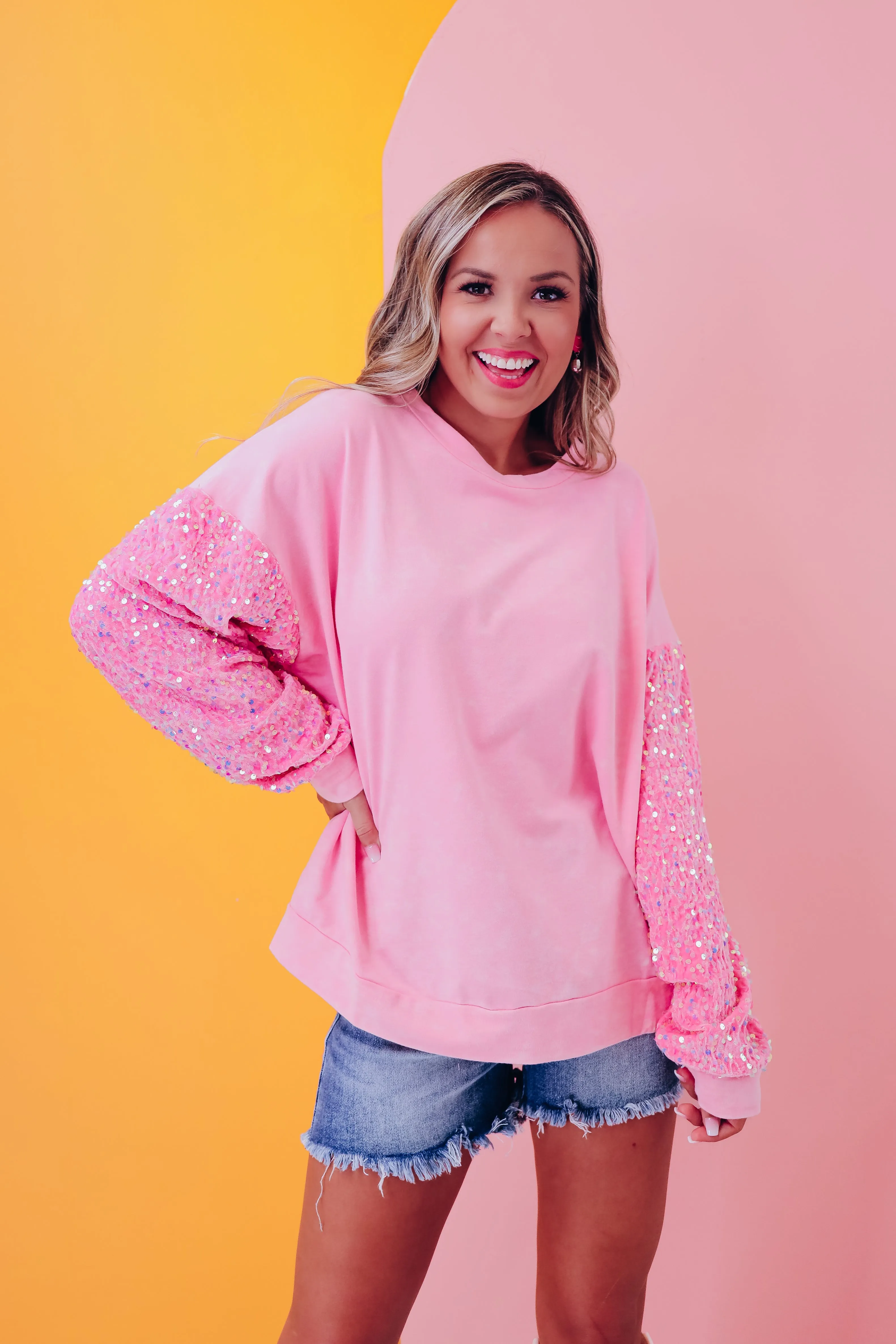 Mixie Sparkle Sleeve Sweatshirt - Light Pink