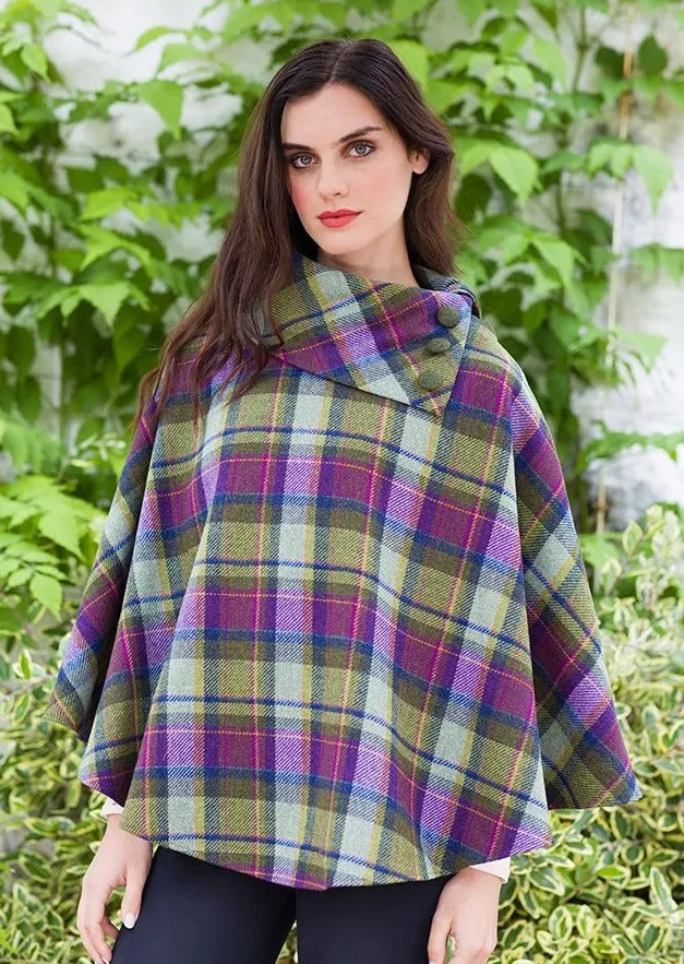 Mucros Irish Poncho | Green Purple Check