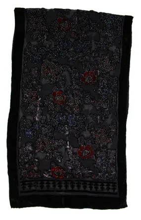 Multicoloured Floral Patterned Devore Velvet Scarf with Black Boarder (170 x 52cm)