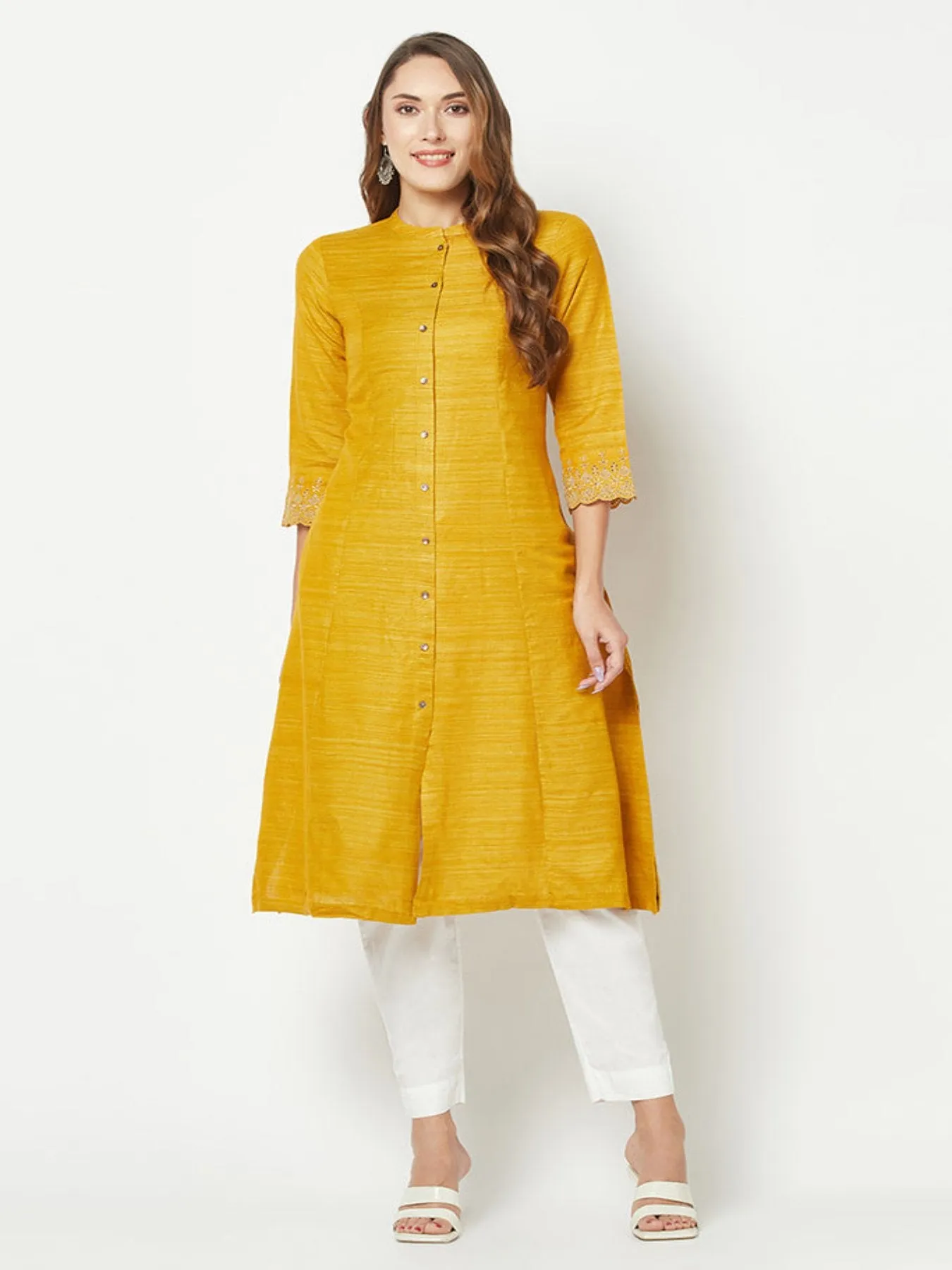 Mustard Khaadi Embroidered Kurta