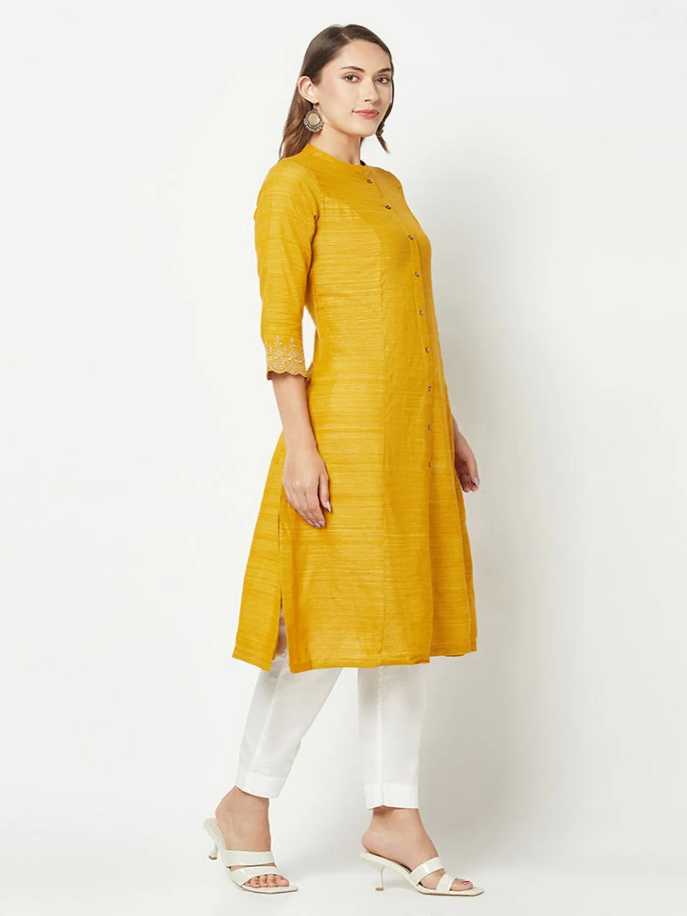 Mustard Khaadi Embroidered Kurta