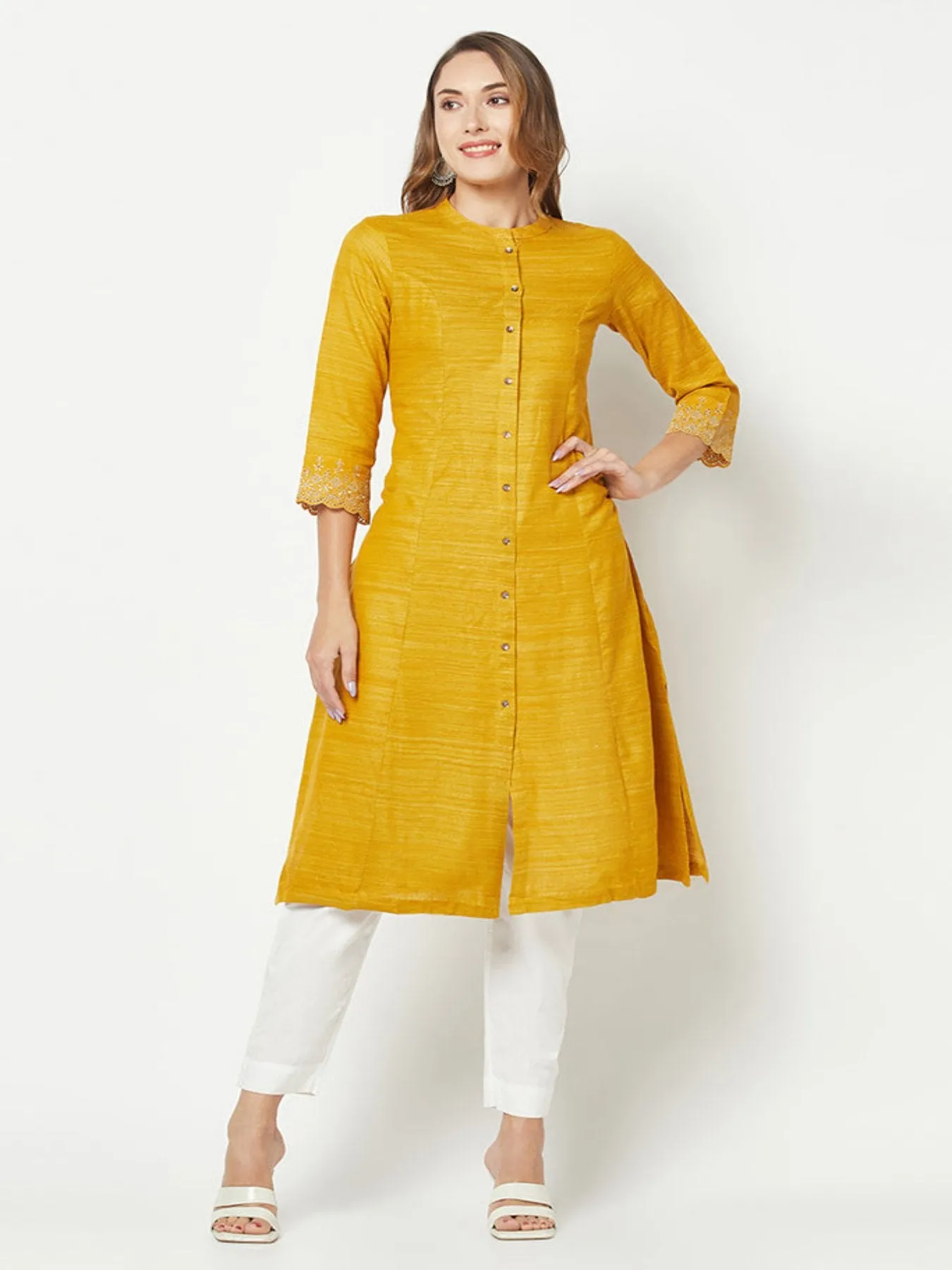 Mustard Khaadi Embroidered Kurta