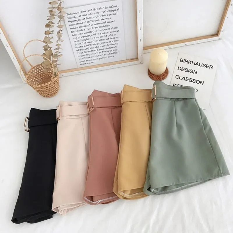 Office Elastic Waist Shorts Women Mini High Waist Shorts With Belt Wide Leg Summer 2023 Harajuku Korean Short Feminino