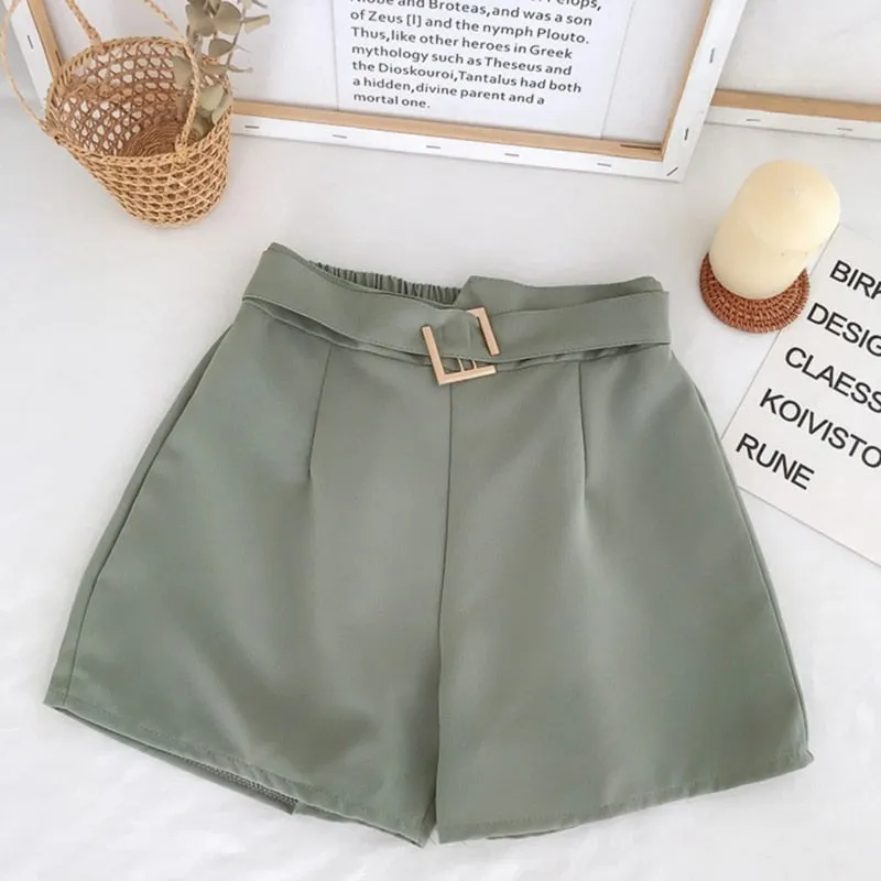 Office Elastic Waist Shorts Women Mini High Waist Shorts With Belt Wide Leg Summer 2023 Harajuku Korean Short Feminino