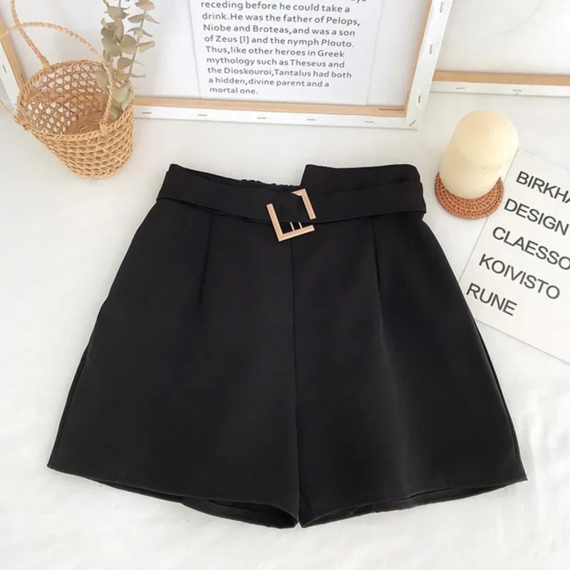 Office Elastic Waist Shorts Women Mini High Waist Shorts With Belt Wide Leg Summer 2023 Harajuku Korean Short Feminino