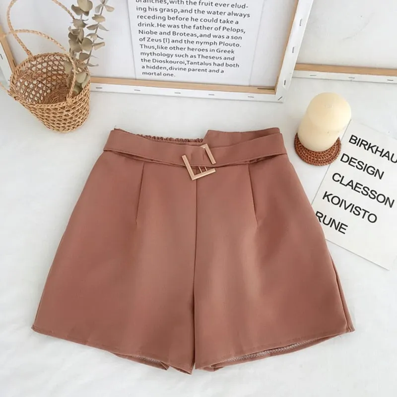 Office Elastic Waist Shorts Women Mini High Waist Shorts With Belt Wide Leg Summer 2023 Harajuku Korean Short Feminino