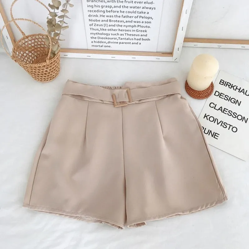 Office Elastic Waist Shorts Women Mini High Waist Shorts With Belt Wide Leg Summer 2023 Harajuku Korean Short Feminino