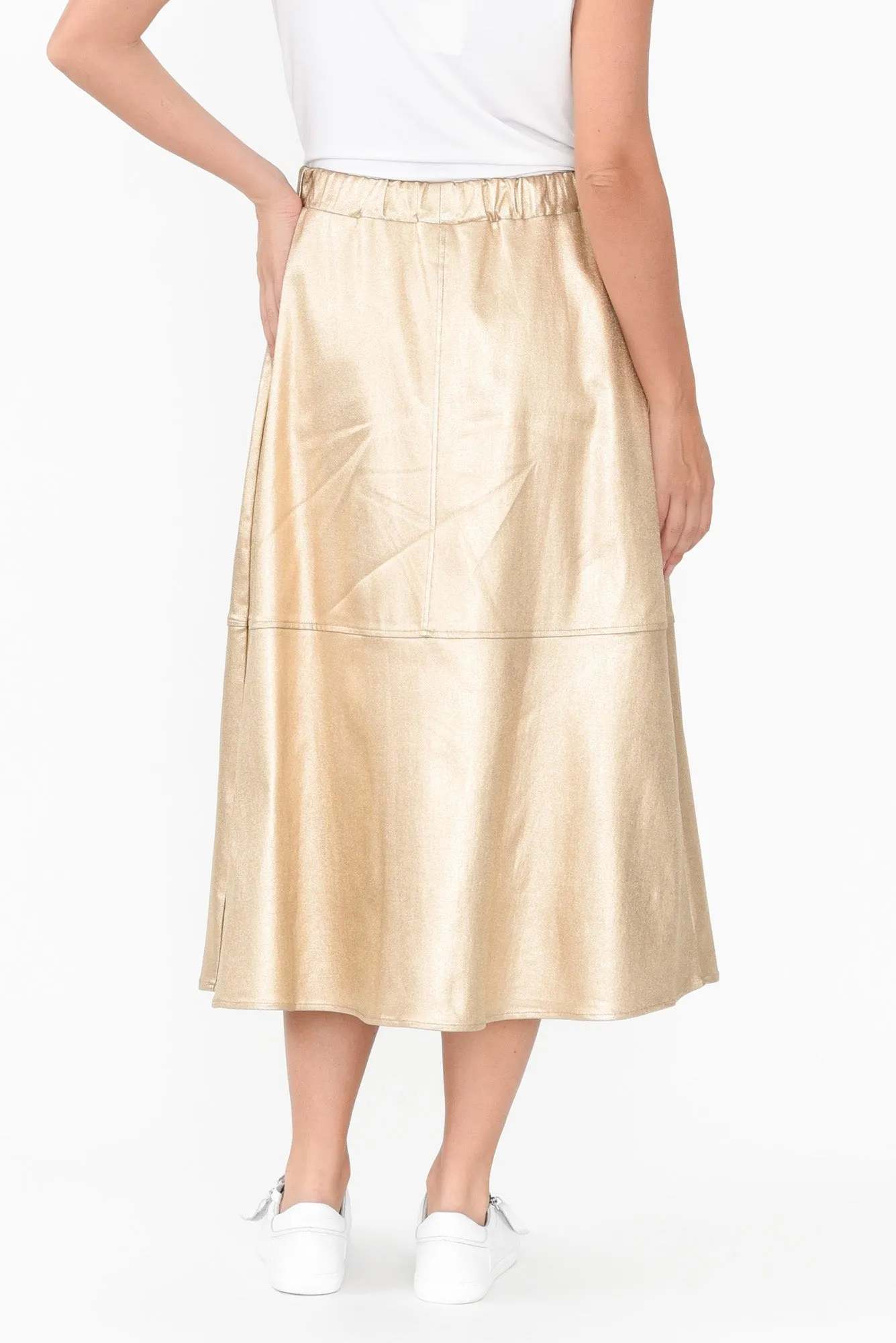 Oriel Gold Faux Leather Midi Skirt