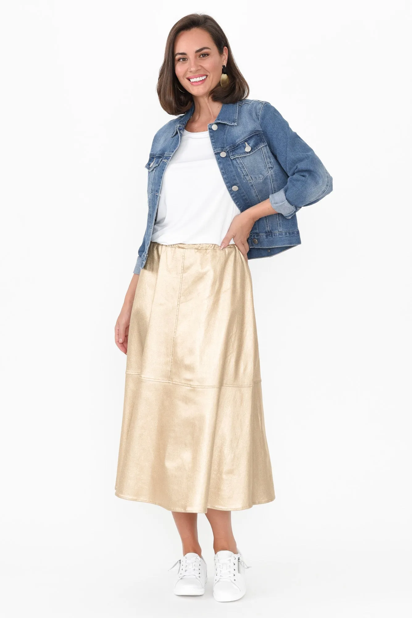 Oriel Gold Faux Leather Midi Skirt