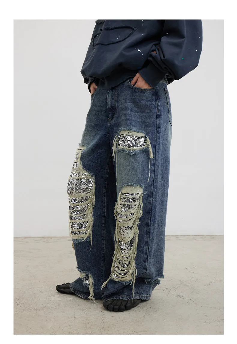 Oversized Sequined Ripped Jeans