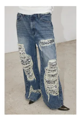 Oversized Sequined Ripped Jeans