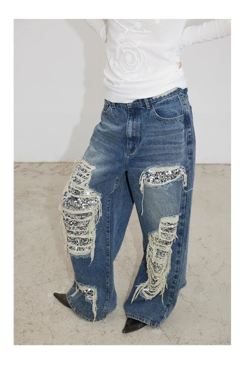 Oversized Sequined Ripped Jeans