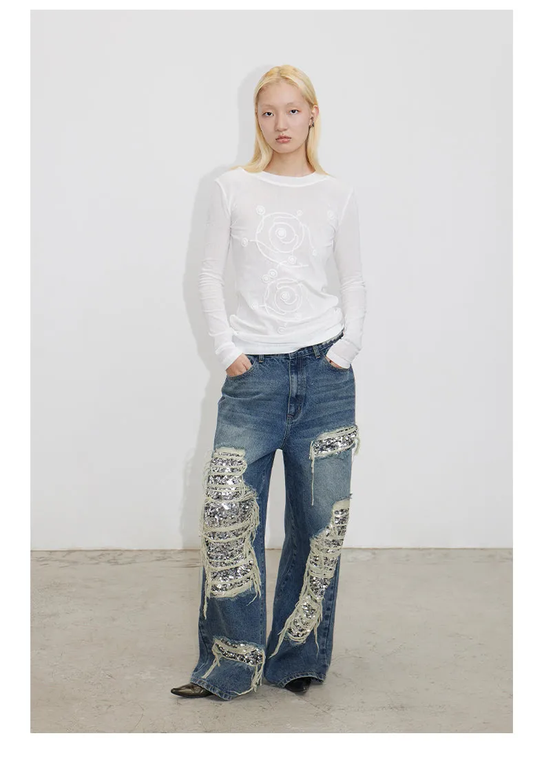 Oversized Sequined Ripped Jeans