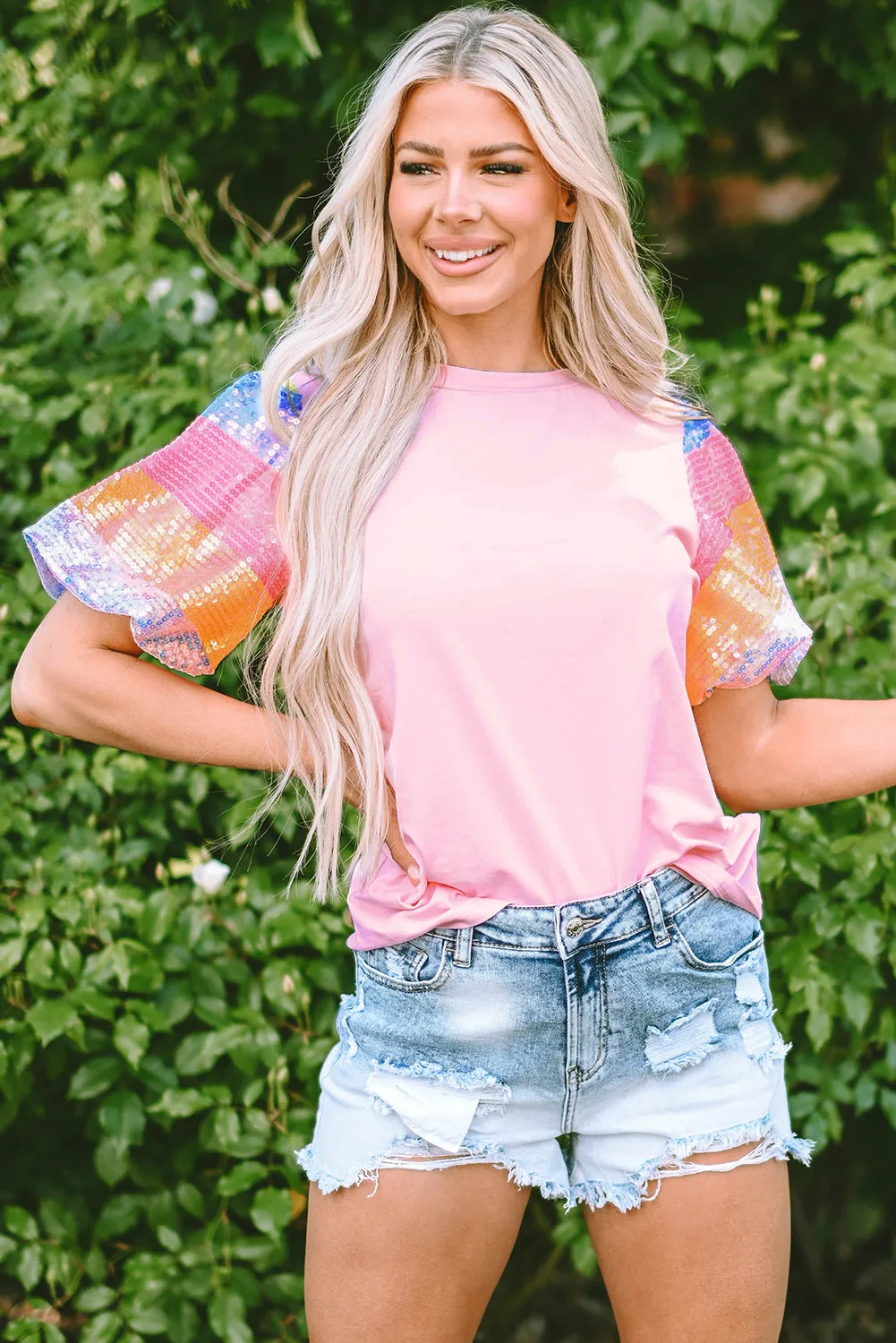 Pink Sequin Colorblock Striped Puff Sleeve Top