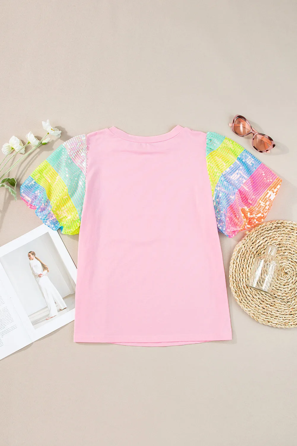 Pink Sequin Colorblock Striped Puff Sleeve Top