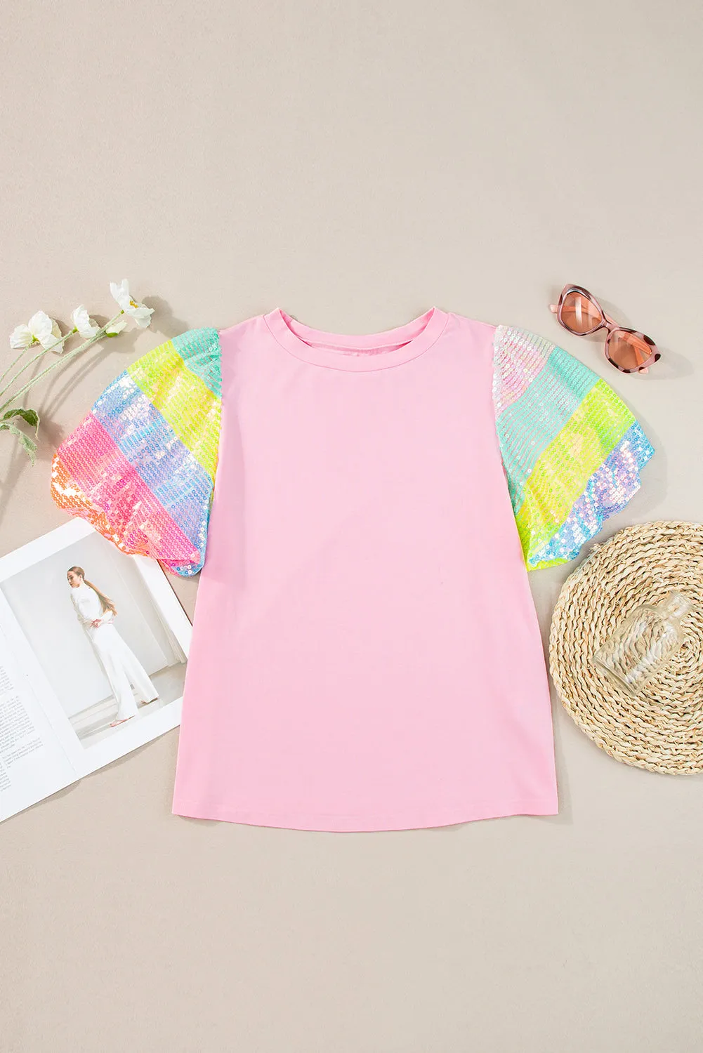 Pink Sequin Colorblock Striped Puff Sleeve Top