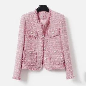 Pink Women's Coarse Tweed Jacket - Autumn/Winter Socialite Tassel Design