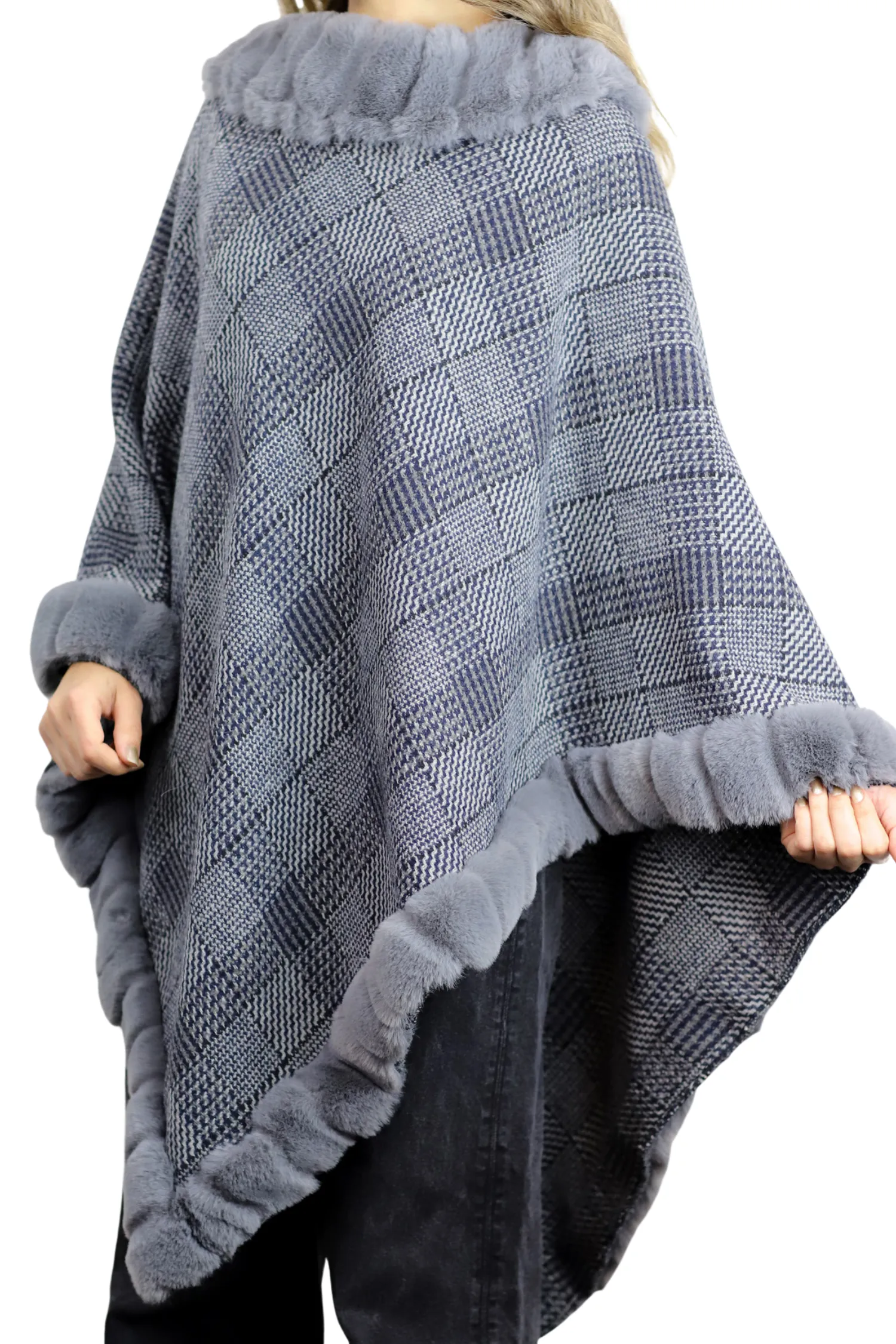 Plaid Poncho with Plush Faux Trim Detail - Grey