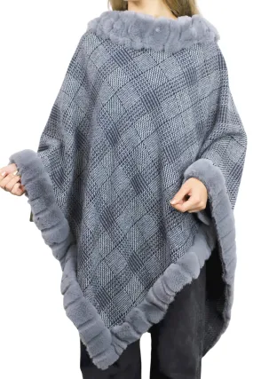 Plaid Poncho with Plush Faux Trim Detail - Grey