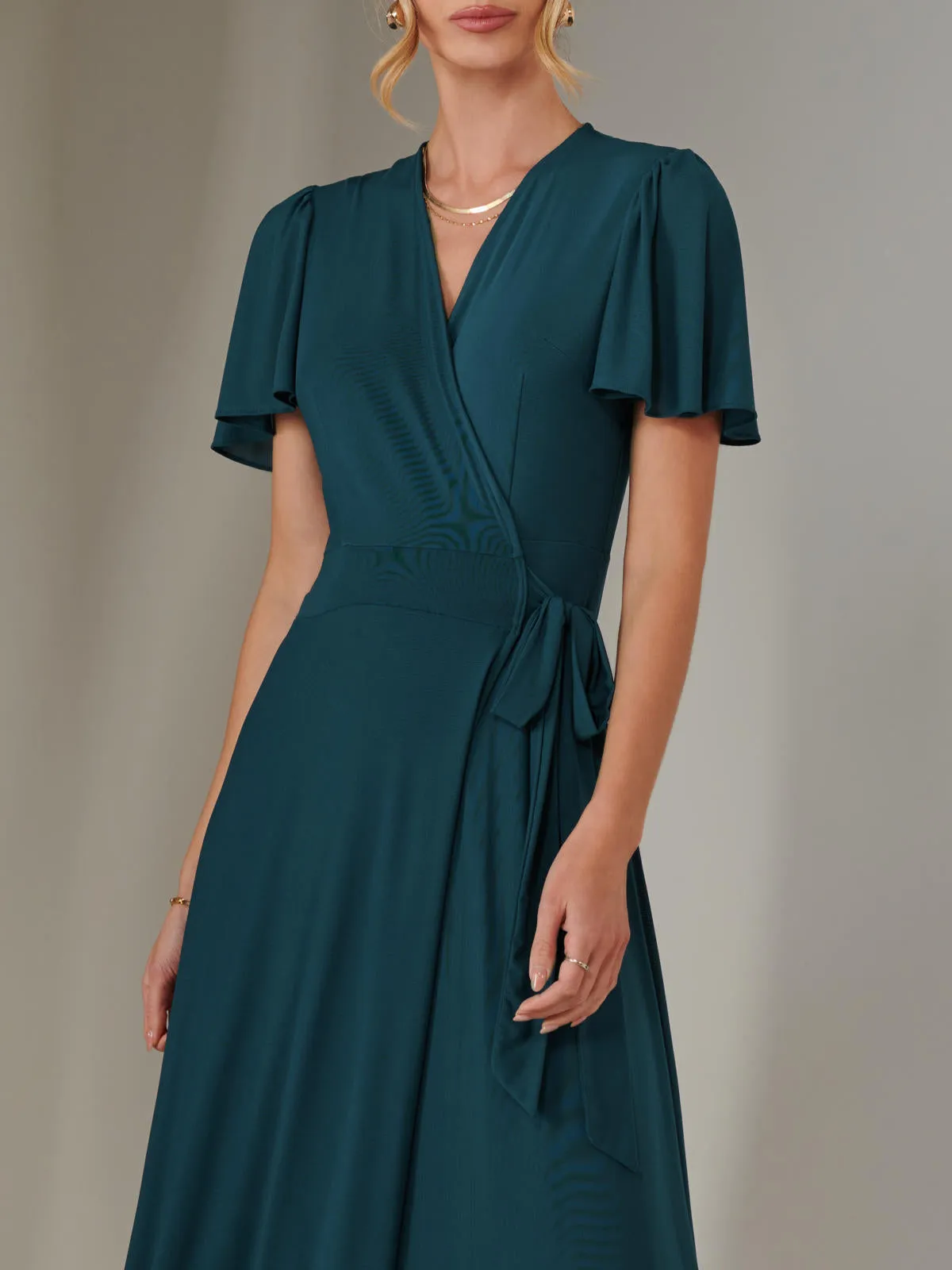 Plain Angel Sleeve Wrapped Maxi Dress, Dark Teal