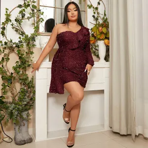 Plus Size Women Short Cocktail Luxury Sequined Mini Evening Dress