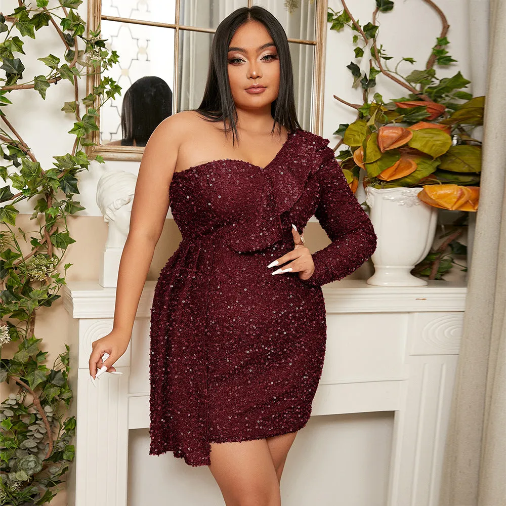 Plus Size Women Short Cocktail Luxury Sequined Mini Evening Dress