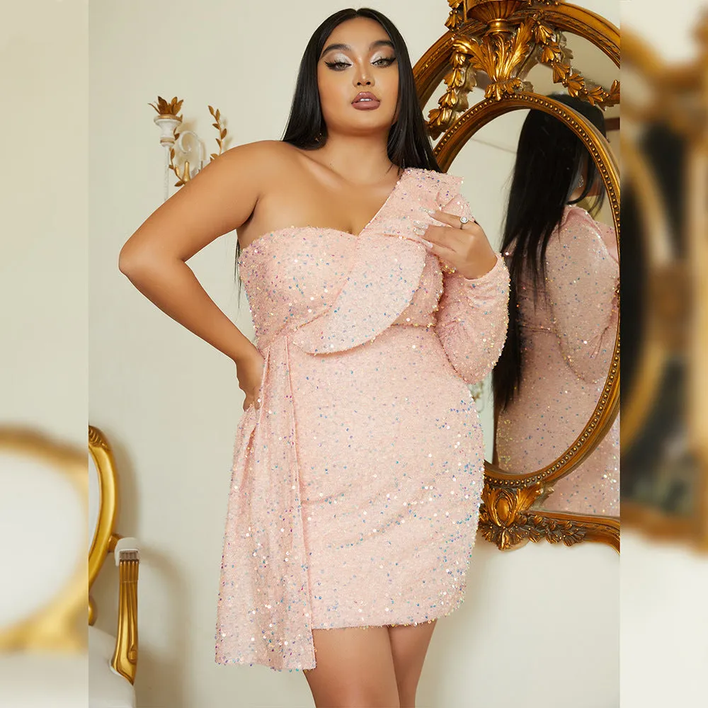 Plus Size Women Short Cocktail Luxury Sequined Mini Evening Dress