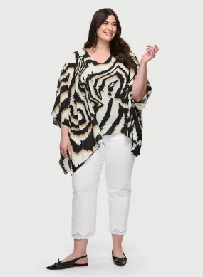 Poncho-Style Animal Print Blouse & Lace Hem Denim Capris