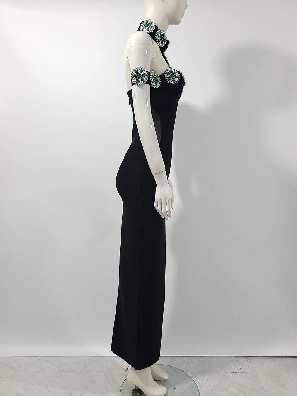 Pre Order: Elegant Halter Black Evening Dress with Diamond Embellishment