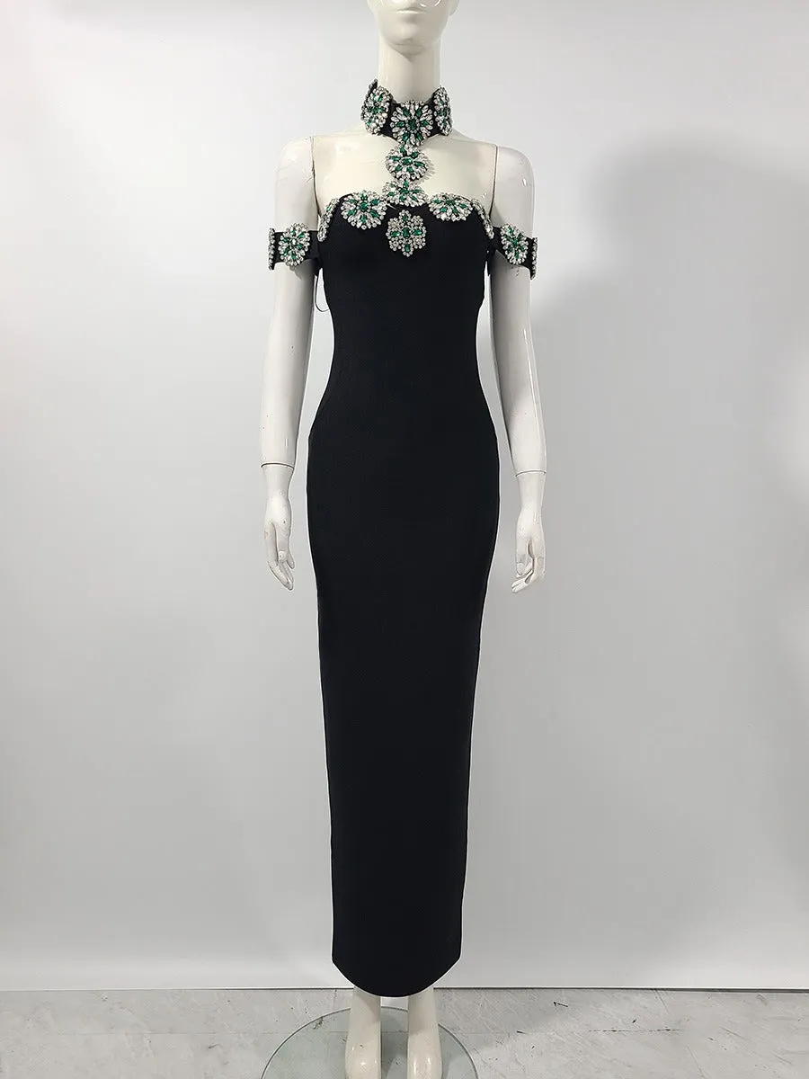 Pre Order: Elegant Halter Black Evening Dress with Diamond Embellishment