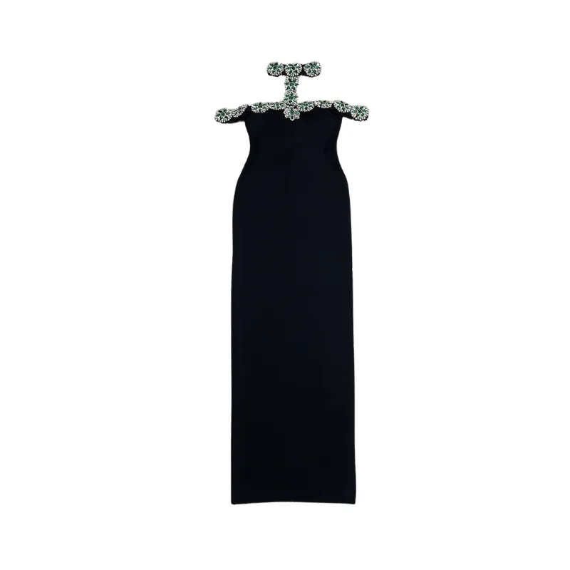 Pre Order: Elegant Halter Black Evening Dress with Diamond Embellishment