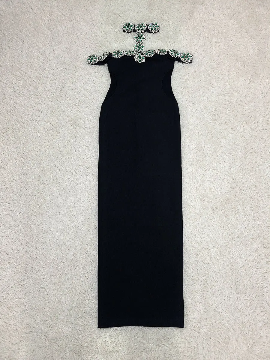 Pre Order: Elegant Halter Black Evening Dress with Diamond Embellishment