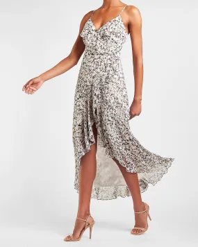 Printed Ruffle Wrap Front Maxi Dress in Print