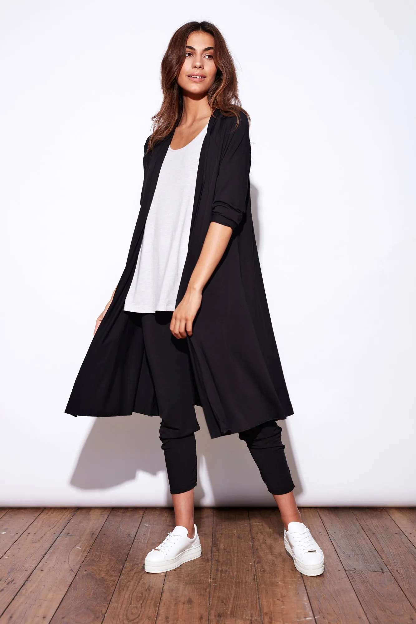 Quatro Longline Bamboo Duster Cardigan - Black